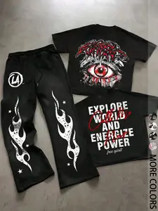 Unisex Blood Eye Flame Set, Death Metal Print Fitted Round Neck T-Shirt & Star Flame Wide Leg Pants, Dark Street Style for Concerts/city Outings