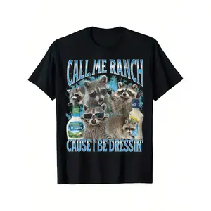 Funny Raccoon Meme "Call Me Ranch" Graphic T-Shirt - Unisex Adult Tee With Fashion Glasses & Ranch Dressing Design, Machine Washable Casual Humor Apparel Raccoon Shirt, Casual Wear