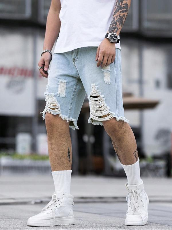 Plus Size Men's Casual Fashion Straight Leg Jeans, Street Style Ripped Denim Shorts, Perfect for Summer Daily Wear