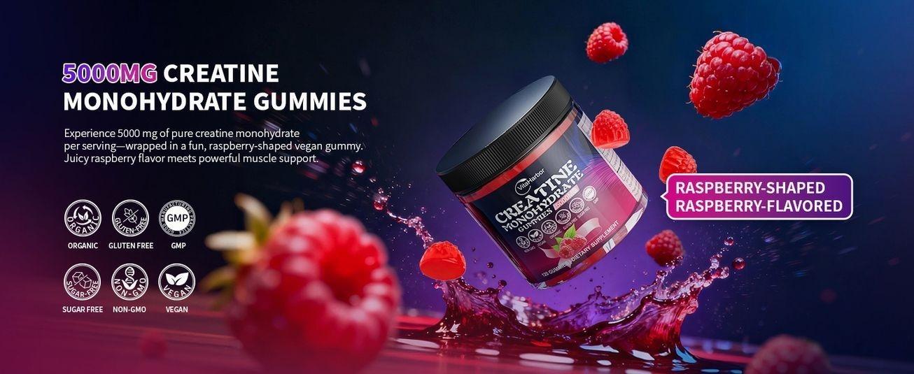 Creatine Monohydrate Gummies 5000mg for Men & Women, Organic Pure Creatine Gummies | Sugar Free,Vegan, Non-GMO,Raspberry Flavor, 120 Count