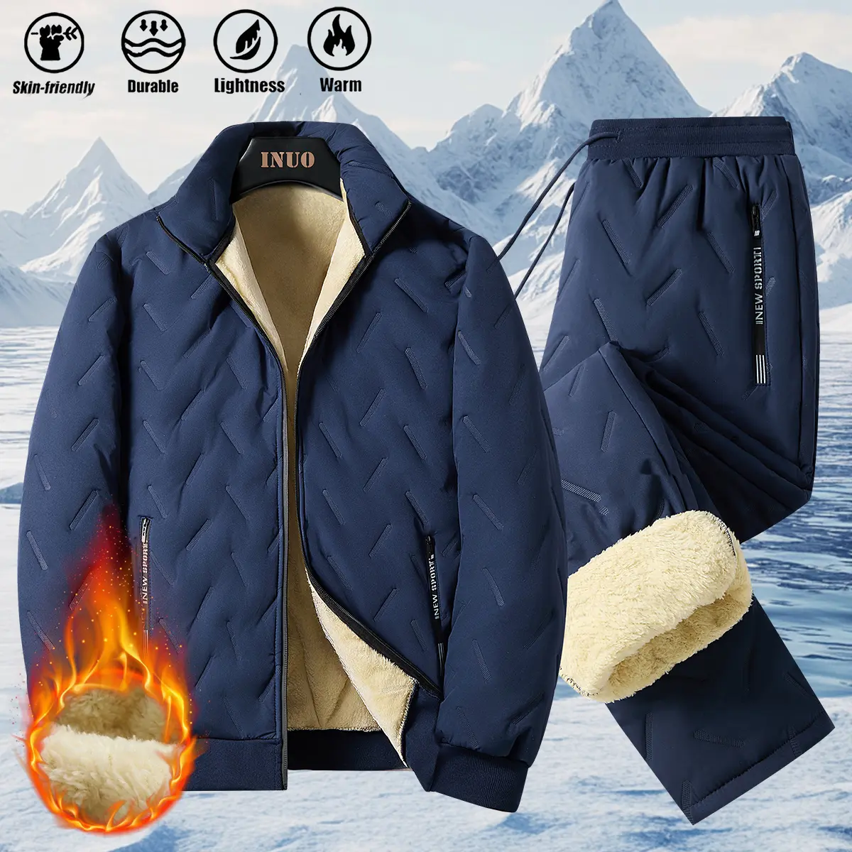 Unisex Winter Sports Set - Regular Leg Cut Pants, Zip-Up Hooded Fleece Jacket, Elastic Waistband, Solid Color, Suitable for Home and Outdoor Use, Fitted, Long, Two-Piece