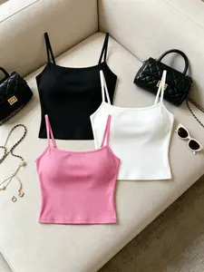 Women's Basic Solid Color Short Sleeve Tank Top Set, Soft Elastic No-Sleeve Thin Strap Daily Wear Upper Garment, Comfortable and Stylish Fit