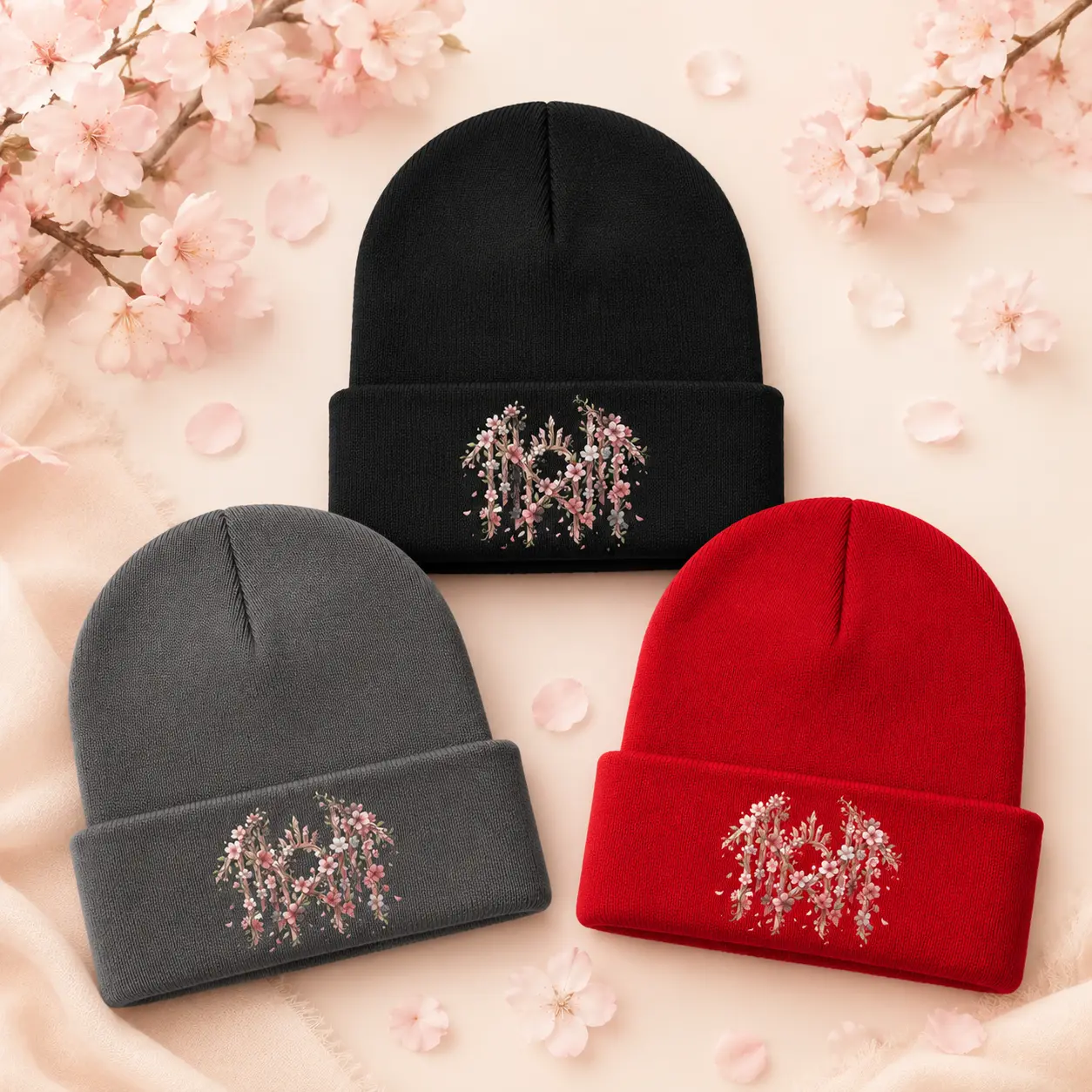 Sleep Token Floral Beanie Hat, Cherry Blossom Printed Knit Cap, Alternative Metal Fan Gift, Gothic Winter Hat, Unisex Music Beanie