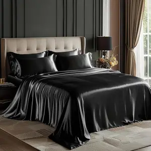 Satin King Sheet Sets - 4 Black Silky King Size with Deep Pocket, Silk Feel King Size Satin Sheet (1 Flat Sheet,1 Sheet,2 Pillow Cases)