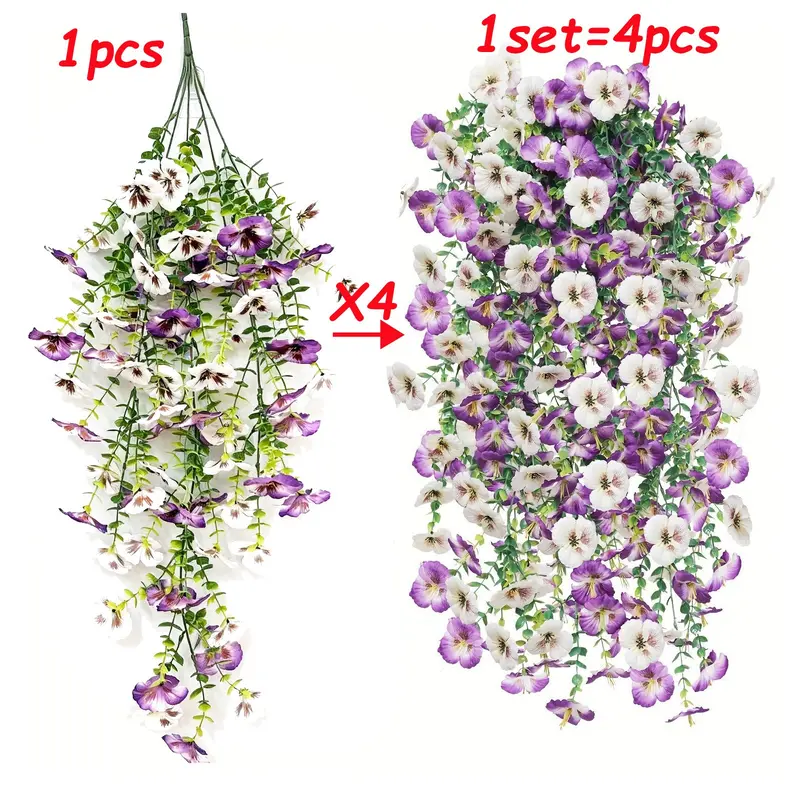 Artificial Hanging Flowers for Outdoors, Artificial Flower Decorations, 4 Pcs UV Resistant Artificial Outdoor Flowers, Not-Fading Fake Hanging Plant for Outdoor Planters, Faux Flowers for Home Garden Porch Yard Decor, Purple White, Set