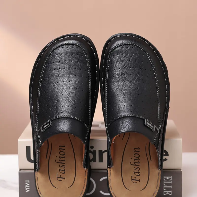 Versatile PU Leather Flat Sandals, Casual Above-The-Ankle Design, Rubber Sole Comfort, Perfect for All Seasons, Combines Leisure & Light Workwear Style, PU Leather Mules, Slip On Mules