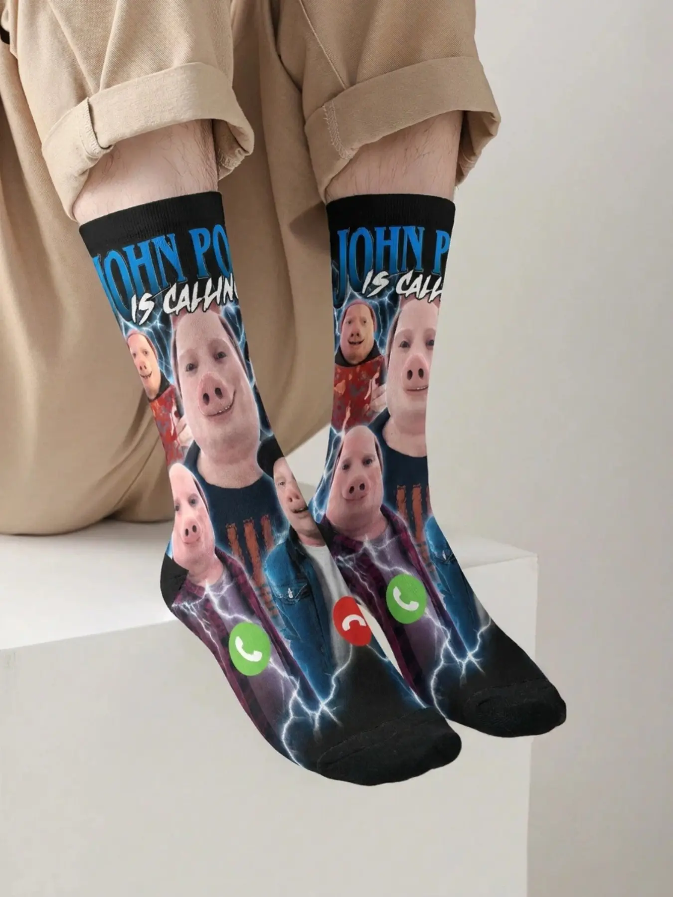 1-Pack of Fun and Unique “John Pork is Calling” Knee-High Socks: Funny Pig Design, Colorful Patterns—Perfect for Everyday Wear or as a Gift. Knee-High Socks, Ankle Socks, Calf-Length Socks, Men's Socks, Women's Socks, Casual Knit Socks