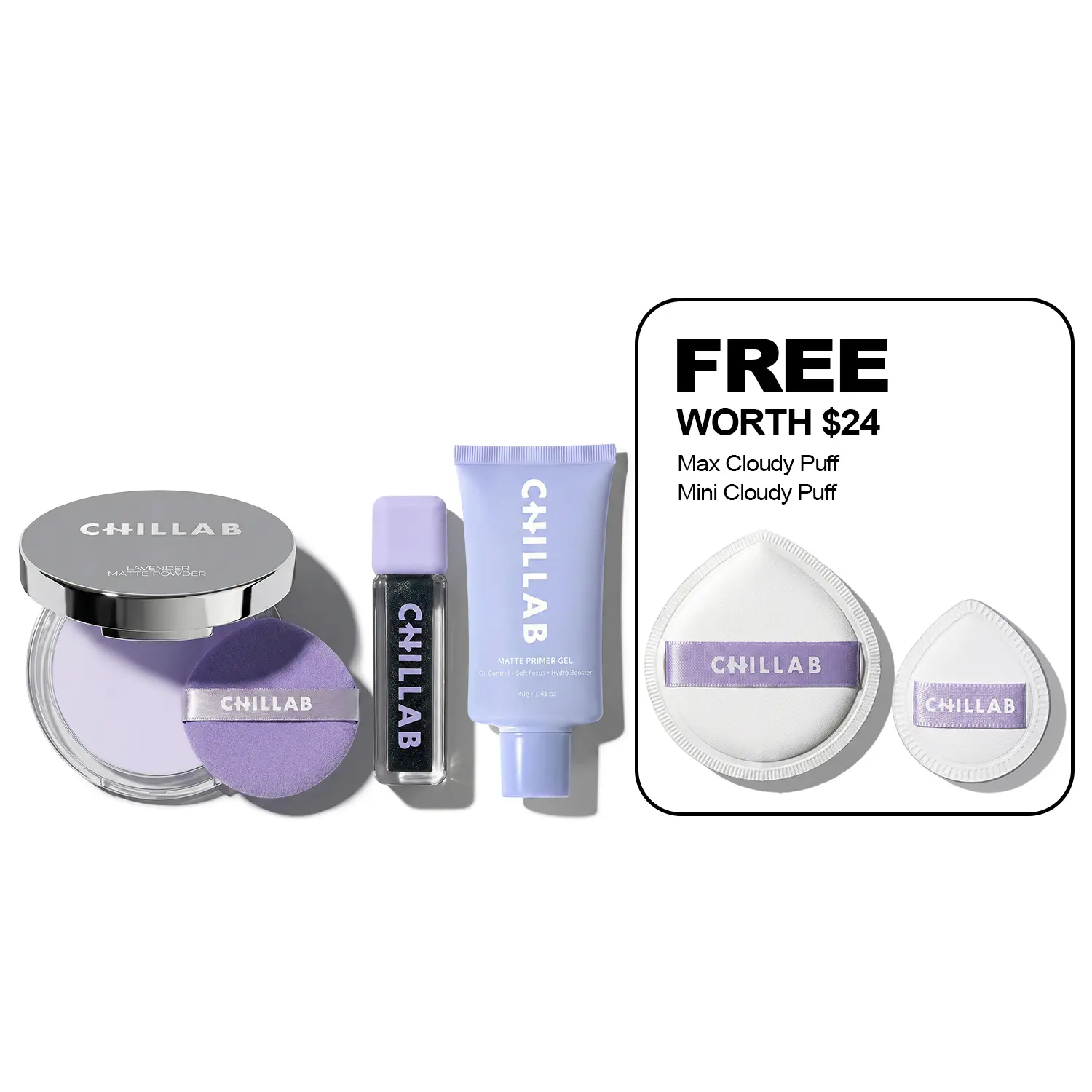 Chillab 5-piece Face and Lip Beauty Set Lavender Matte Powder with Magic Black and Matte Primer Gel and Max Cloudy Puff and Mini