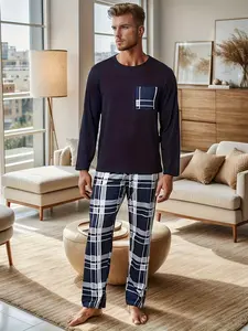 Men's Fall Winter Long Sleeve Pajama Set, Casual Thin Plaid Sleep Pants with Solid Color Round Neck Top, Wearable Sleepwear Loungewear