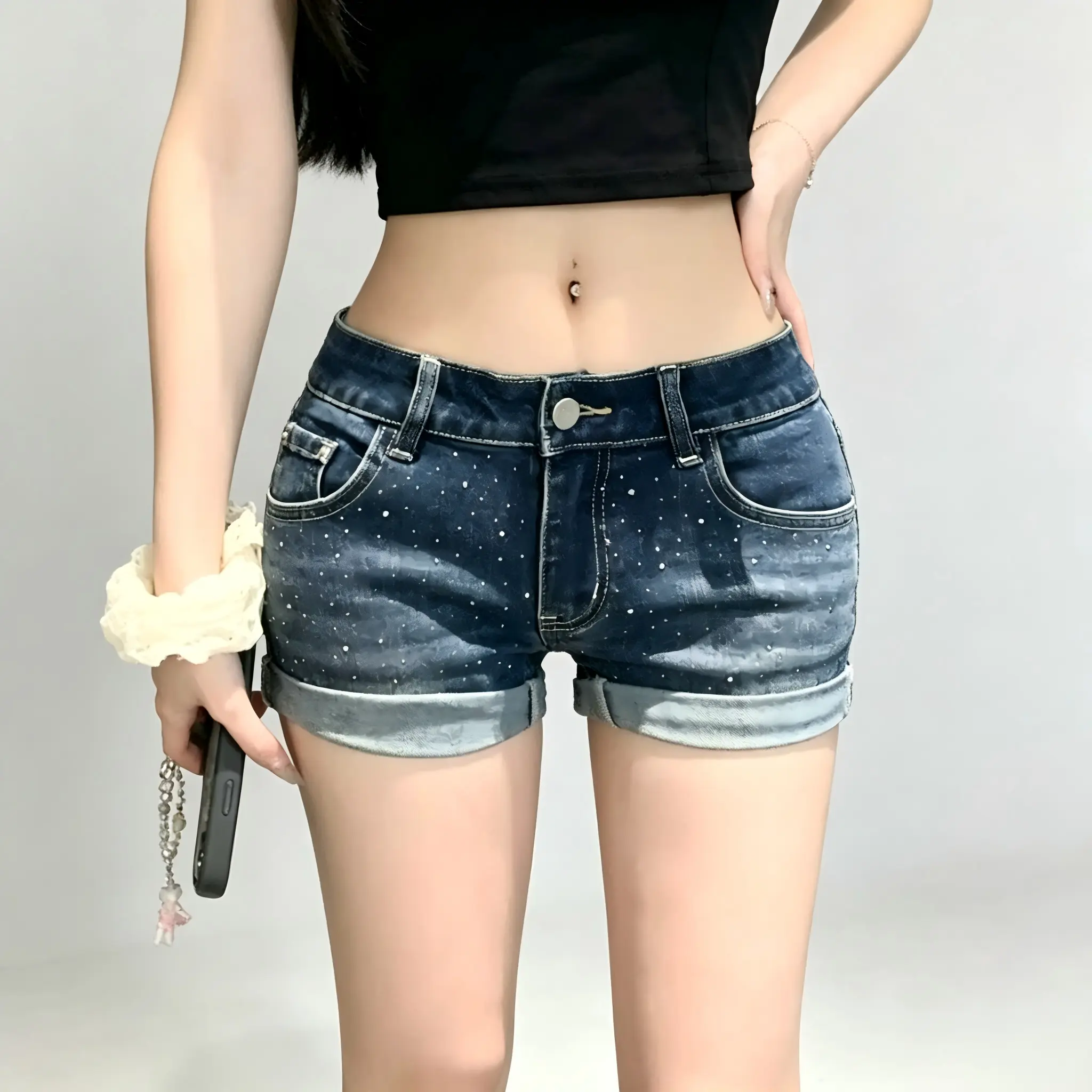 AgeRose Women's Plus Size Denim Shorts - Low Waist Rhinestone Roll-Cuff Crop Hot Pants, Shiny Fabric Party Essential, Summer Street Casual Curvy-Friendly Slim-Fit Bottoms, Hip, Plump Fashion Girl