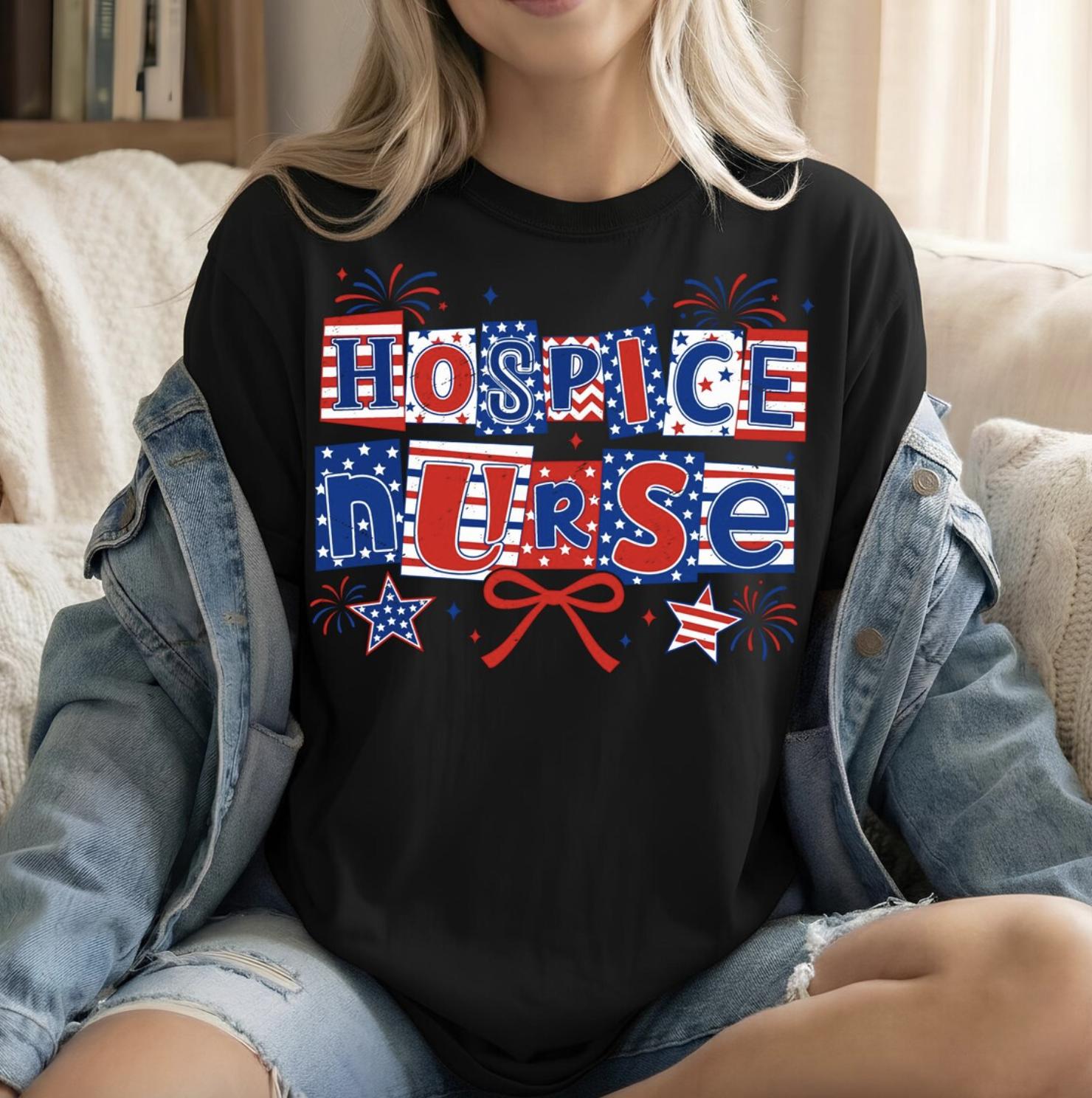 Hospice Nurse 4th Of July T-Shirt, Patriotic American Flag Nurse Shirt, USA Healthcare Worker Tee, Medical Independence Day Gift, Nurse Gift For Her