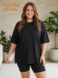 Plus Size Womens 2 Piece Loungewear Sets Oversized T-Shirts & Fitted Biker Shorts Matching Outfits Casual Summer Clothes Short Sleeve Round Neck Tops Workout Activewear Sleepwear 1XL-4XL Curvy Trendy