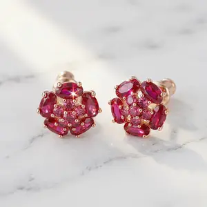 S925 Sterling Silver Post Rose Gold Tone Magenta Flower Cubic Zirconia Stud Earrings | Elegant Floral Earrings for Women
