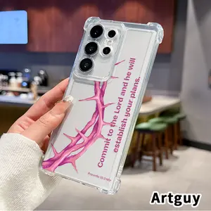 Phone Case for Samsung Galaxy S25 S24 S23 Plus FE S22 Ultra Transparent Anti-Yellowing Protective Cover Clear Four Corners Thorn Crown Promise Pattern Printed Anti-drop Shockproof Cellphone Casing