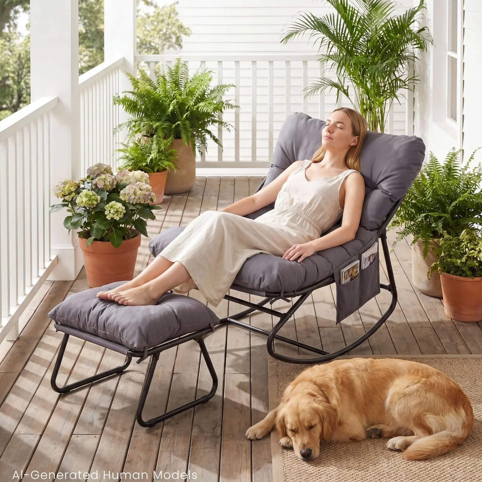 MAMIZO Oversized Papasan Outdoor Rocking Chair with Ottoman, Thick Cushion & Sturdy Metal Frame - Outdoor Lounger for Porch, Balcony, Backyard Bedroom Garden, Balcony Outdoor