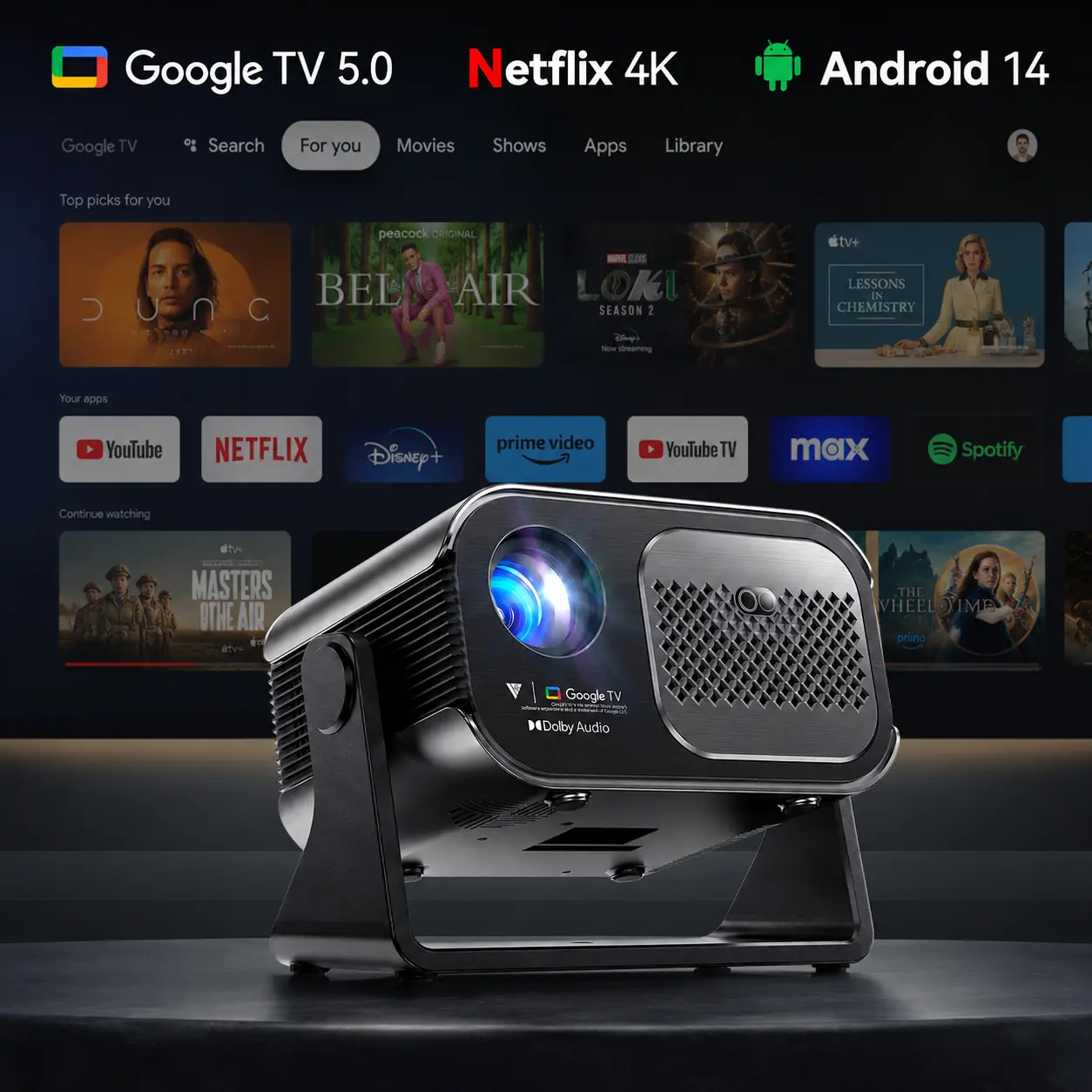 VAMVO Official Licensed Google TV 5.0 4K Smart Projector with Dual WiFi,Bluetooth,Dolby Audio,Auto Focus,Built-in Streaming Apps,Remote Control,Tabletop Design,Portable for Bedroom Home Cinema Watch Party,Wireless Phone Movie Gaming Projector