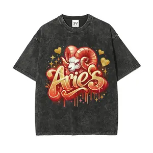 All 12 Zodiac Washed Short Sleeve Tee - Astrology Sign Letter Print Washed Short Sleeve Tee for Women, Minimal Street Style , Birthday Horoscope Gift, Casual Daily Wear