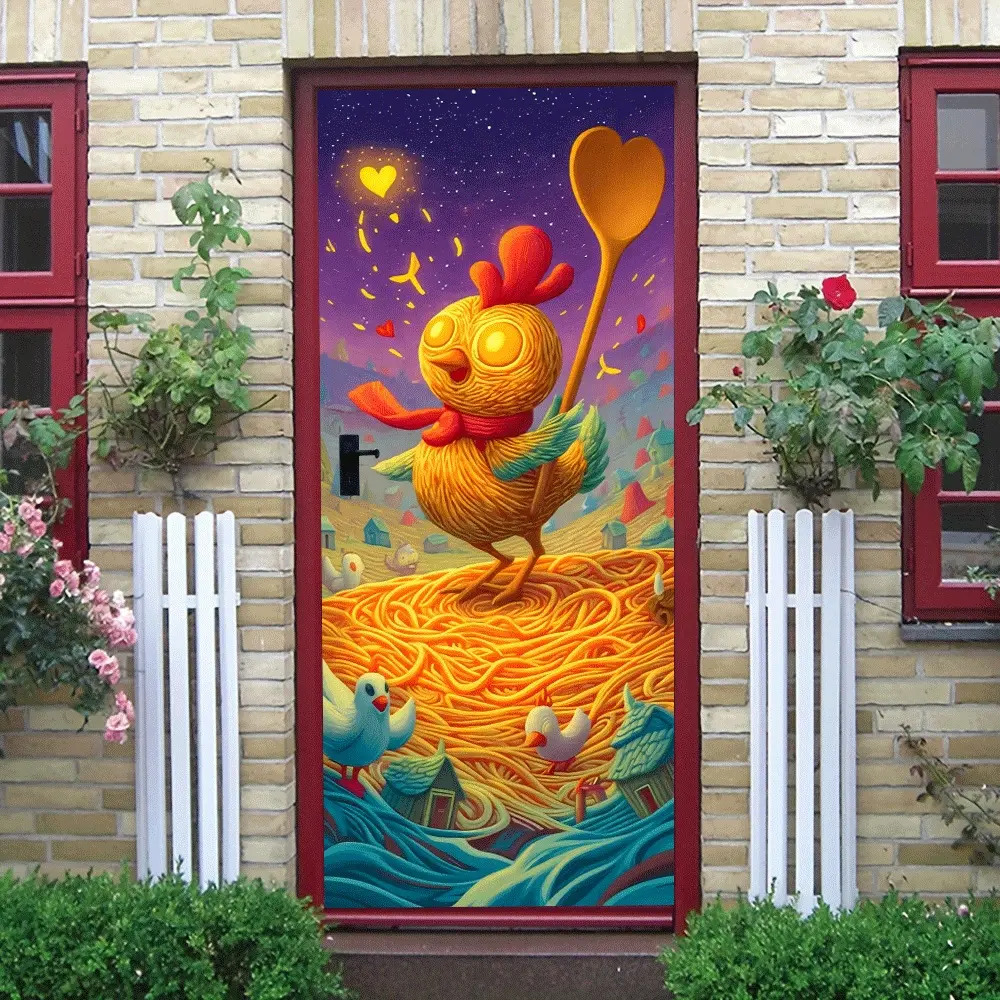 2pcs Cute Cartoon Chicken Pasta World Wall Stickers Kids Room Bedroom Decorative Door Stickers with Starry Sky Background Removable Self Adhesive Eco Friendly PVC Material Creative Home Decoration Art