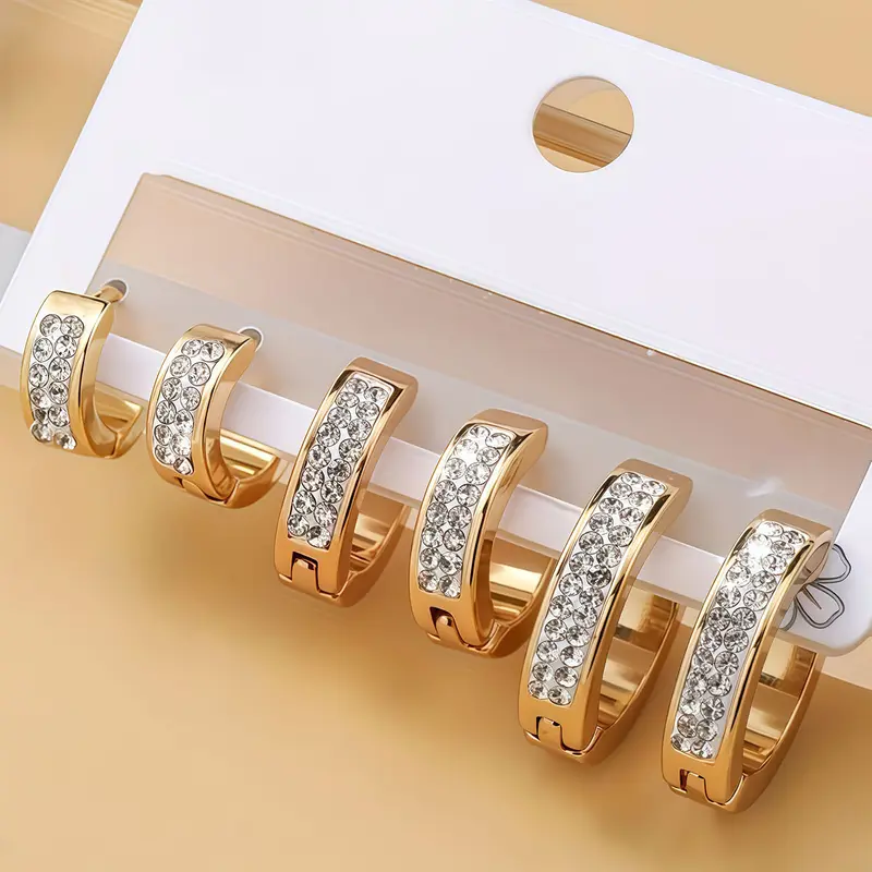 Fashion Micro-Pave Cubic Zirconia Hypoallergenic Stainless Steel Hoop Earring Sets, Simple Unisex Couple Daily Wear Trendy Ear Rings, Hoop Shape Earrings, Fashionable Jewelry, High Quality Earrings, Hoops Shape Earrings, Casual Trendy Jewelry