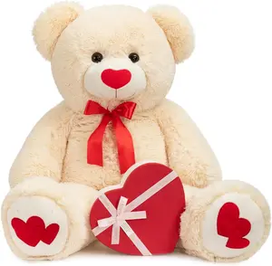Big Teddy Bear Stuffed Animal Large Bear Plush with Red Heart for Girlfriend and Kids Holiday Toy Gift 36 inch Beige