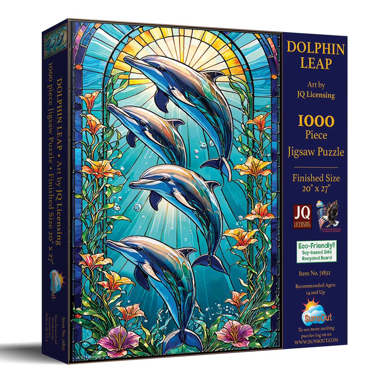 SunsOut Dolphin Leap Stained Glass 1000 piece Jigsaw Puzzle for Adults 20" x 27" Animals, Fantasy, Nature