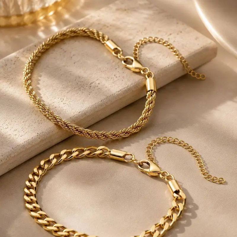 Pealicious 2 PCS Unisex Cuban Chain Link Bracelets - 14K Gold-Tone Hypoallergenic Gold-Plated Stainless Steel Jewelry, 9-in Adjustable, Waterproof Swim-Safe, Summer Hip-Hop Style, Stackable, Instant High-End Streetwear Look for Daily Wear Fashionable Brac