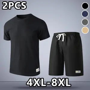 4XL–8XL Men’s Plus Size Summer Solid Color Tagged Top + Straight Shorts Two-Piece Set, can purchase top or shorts separately, comfortable breathable crew neck short-sleeve T-shirt, elastic waistband shorts with adjustable drawstring, suitable for everyday