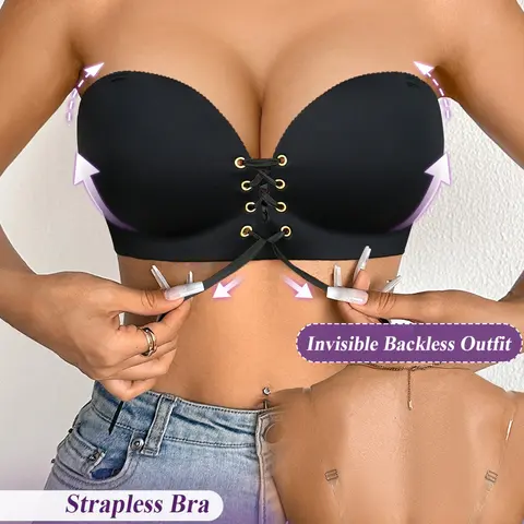 Women's Wireless Push-Up Bra, Nonslip Bra, Seamless Invisible Anti-Slip, Multiway Detachable Straps, Front Tie Design, Comfortable Dates, Backless, One Shoulder Dressing, Seamless Lift Bralette