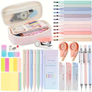 Beautiful Stationery Set with Cute Pencil Case, Essential Student Supplies, with Adorable Pencil Box, 6 Colored Pens, 12 Fluorescent Markers
