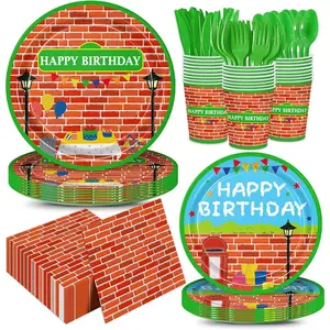 168pcs Red Brick Wall Street Birthday Party Supplies Plates Napkins Paper Cups Disposable Tableware Set Modern Cartoon Street Party Decorations for Kids Boys Birthday Decor Serves 24