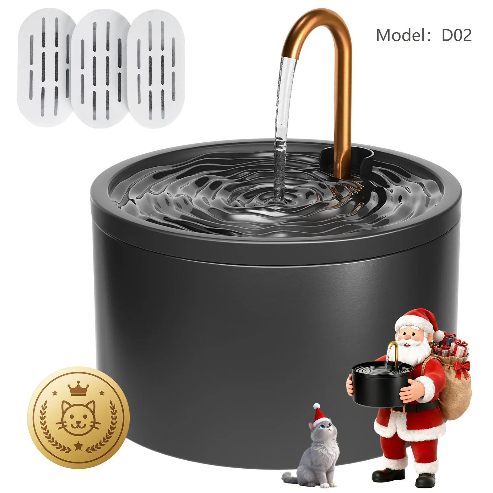 MISFANS 2.1L Ceramic Cat Fountain D02 - Ultra Quiet Automatic Drinking Water Bowl, Wired Power, Heavy Bowl Stays Put, Indoor, Quick Install, Easy Clean, Advanced Dual Filtration System, 3 Filters & Sponges, White/Black