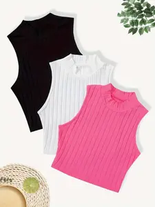 New Casual Basic Fitted Solid Color Ribbed Sleeveless Round Neck Vest Set, Three-Piece Summer Top, Comfortable and Stylish, Perfect for Daily Wear