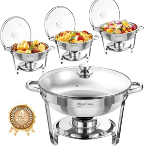 NEWKITCHEN Buffet Stove 4-Piece Set, 5 QT Round Hot pot buffet Set [Transparent Glass Cover] Stainless Steel buffet warmer/cooler Set for Any Party Stackable Cookware