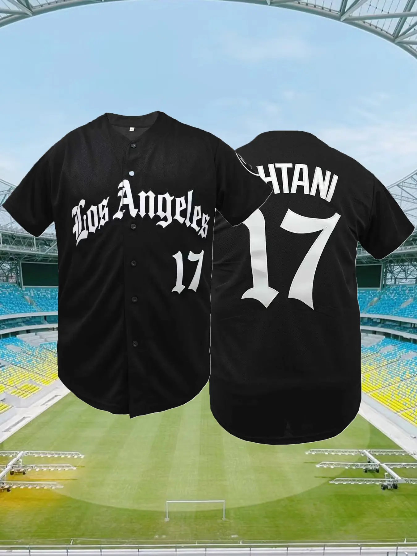 Men's # 17 Black Baseball Jersey,Los Angeles Letter Embroidered Loose Fit V-Neck Short Sleeved Button Cardigan Blokecore Sports Top, Embroidery Sportswear, Casual Sports Jersey