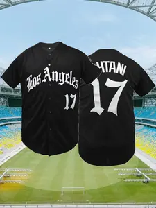 Men's # 17 Black Baseball Jersey,Los Angeles Letter Embroidered Loose Fit V-Neck Short Sleeved Button Cardigan Blokecore Sports Top