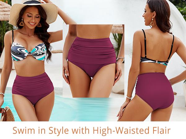 GRAPENT Women's High Waisted Swim Bottom Ruched Bikini Tankini Bottoms Tummy Control Swimsuit Briefs