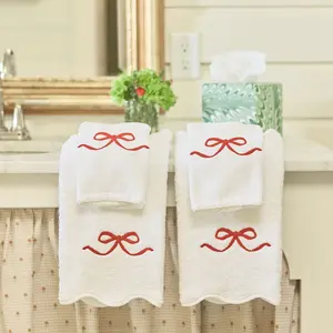 Red Bow Scallop Hand Towels (pair)