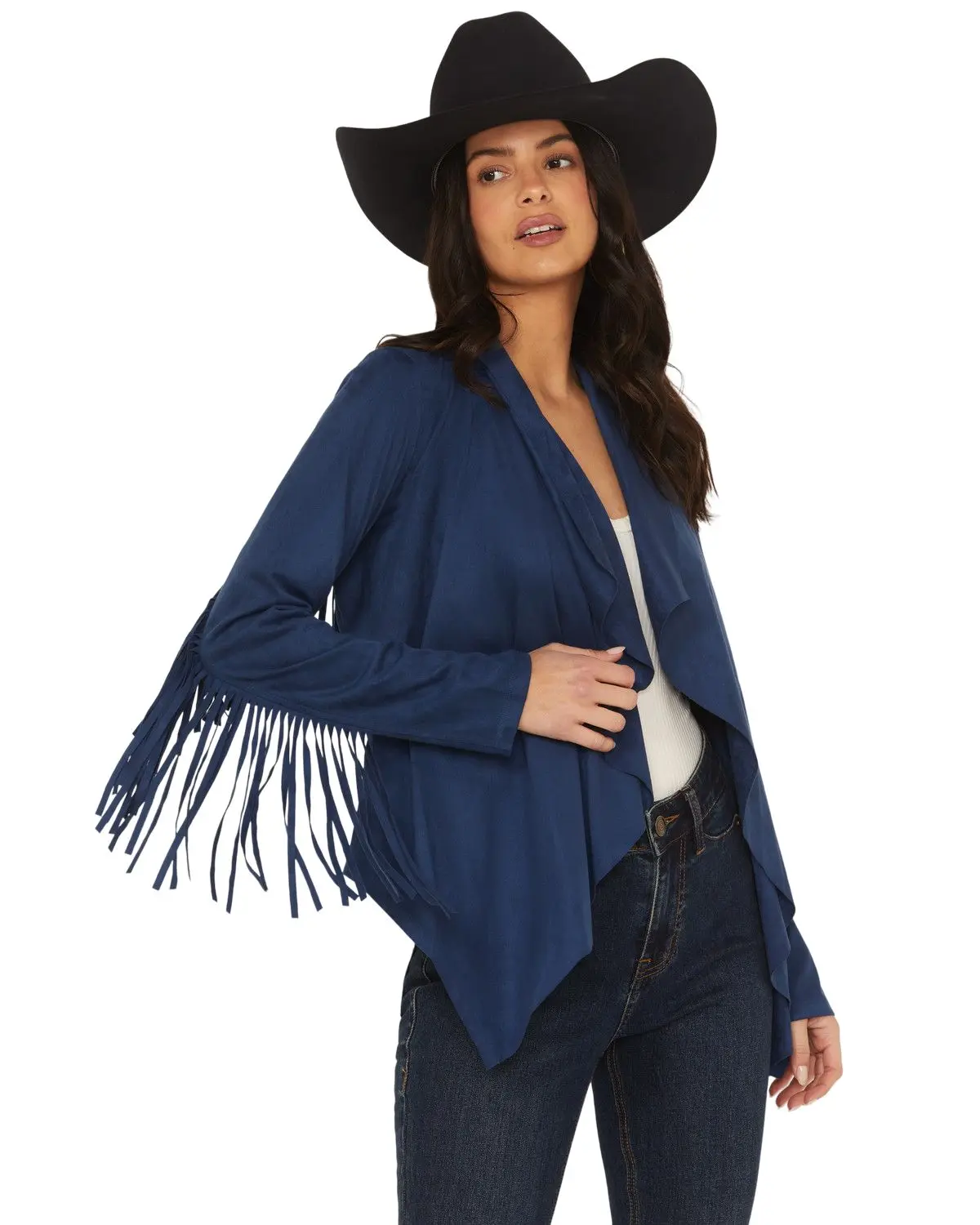 Shyanne Women's Women'S Cascade Front Fringe Faux Suede Jacket - Swsp25o68-Nvy