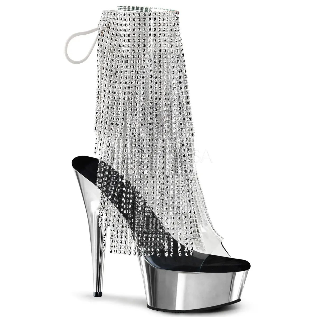 Women's Silver Chrome Open Toe Ankle Boots, Lace-Up Stiletto High Heels with 6" Heel, Platform Sole & Rhinestone Fringe, Footwear, Elegant, Fashion, Simulated Rhinestone Fringe, Zip, 1 3/4" (4.5Cm) Platform, Heeled Platform Stiletto Shoes