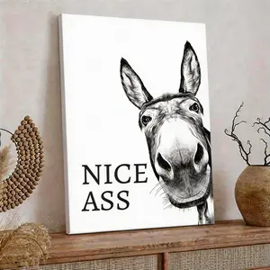 Funny Bathroom Wall Decor Humor Donkey "NICE ASS" Sign Canvas Art with Floating Frame Wooden Framing Versatile Décor for Home Living Room Bedroom Office
