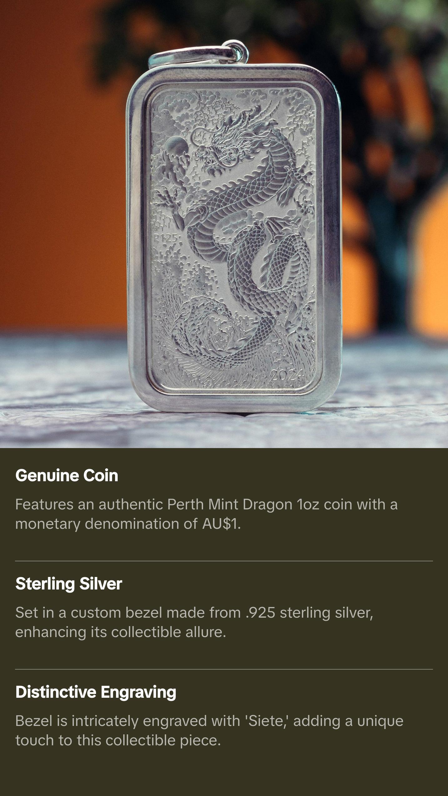 Dragon Coin Pendant – 2024 Perth Mint Australian Dollar Coin in .925 Silver Bezel