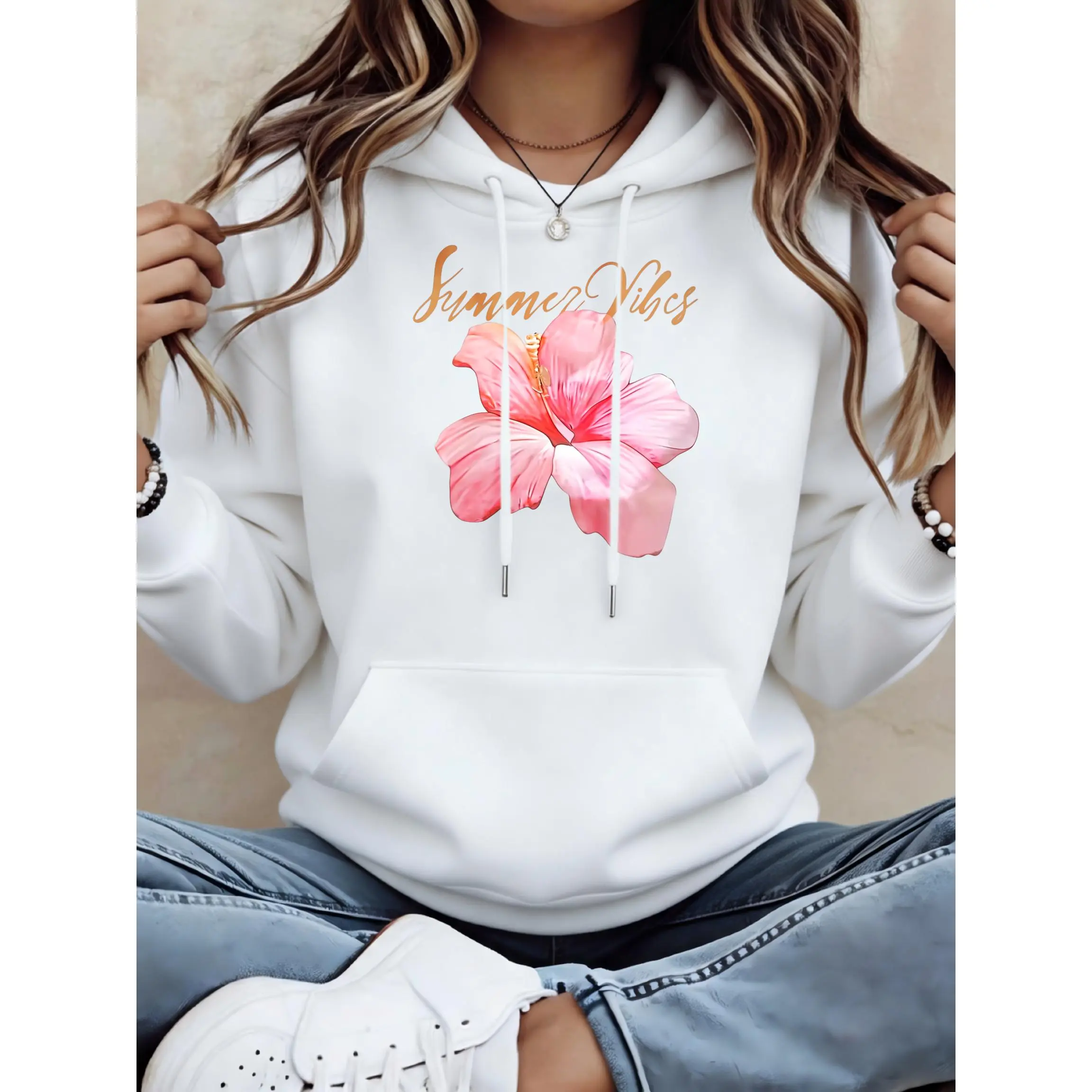 Women's Summer Vibes Pink Hibiscus Flower Print Unisex Oversized Hoodie | Soft Breathable Cotton Blend Pullover | Trendy Cozy Loungewear & Streetwear For Daily, Gym, Travel & Fall Vibes