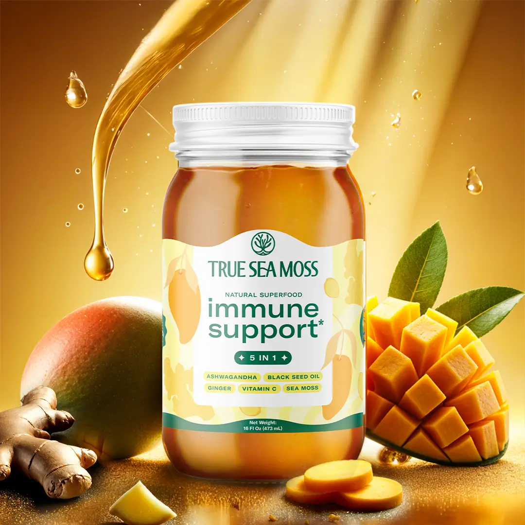 TrueSeaMoss Wildcrafted 5-in-1 Mango Gel: Organic Sea Moss with Ashwagandha, Black Seed Oil, Ginger & Vitamin C for Immune & Digestive Health.