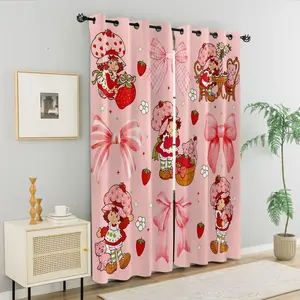 Cute Strawberry Girl Print Curtains, Pink Bow & Berry Themed Window Curtains for Kids Bedroom Living Room, Sweet Cartoon & Floral Decor, Perfect Gift for Strawberry Lovers, Nursery & Dorm Decor