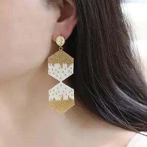 Miyuki Delica Hexagon Drop Earrings, Gold White Seed Bead Dangles