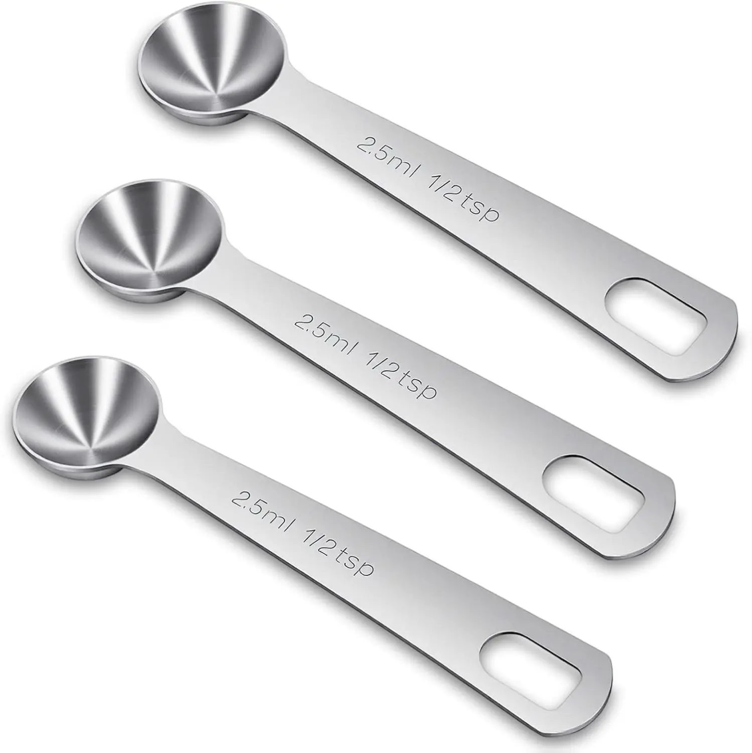 3 Pcs 1/2 Teaspoon 2.5ml Stainless Steel Measuring Spoons for Coffee Grains Kitchen Cooking Precise Scales Round Bowl Easy to Use Silver Metal Measure Scoop