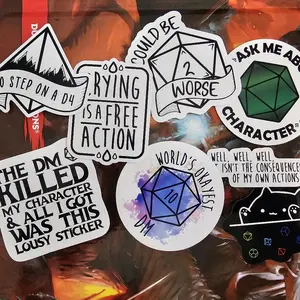 BIG DnD Funny Sticker Pack, 8 Stickers, Nerdy Gift, Funny Gift for Dungeon Master or DnD Player, Crying is a Free Action, Go Step on a D4, World's Okayest DM, Consequences of My Own Actions