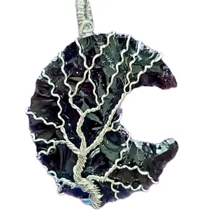 Black Obsidian Tree of Life Crystal Moon Pendant for Women