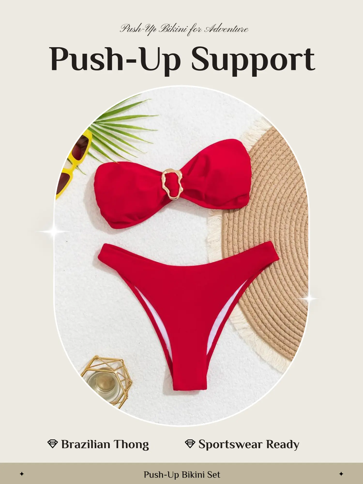 Women's 2-Piece Bikini Set, Fitted Strapless Bandeau Top with Adjustable Push-Up, Brazilian Thong X-Static Swimwear for Sports & Outdoor Use, Fitted Strapless Bikinis Tops, Adjustable Push-Up Bikini Tops