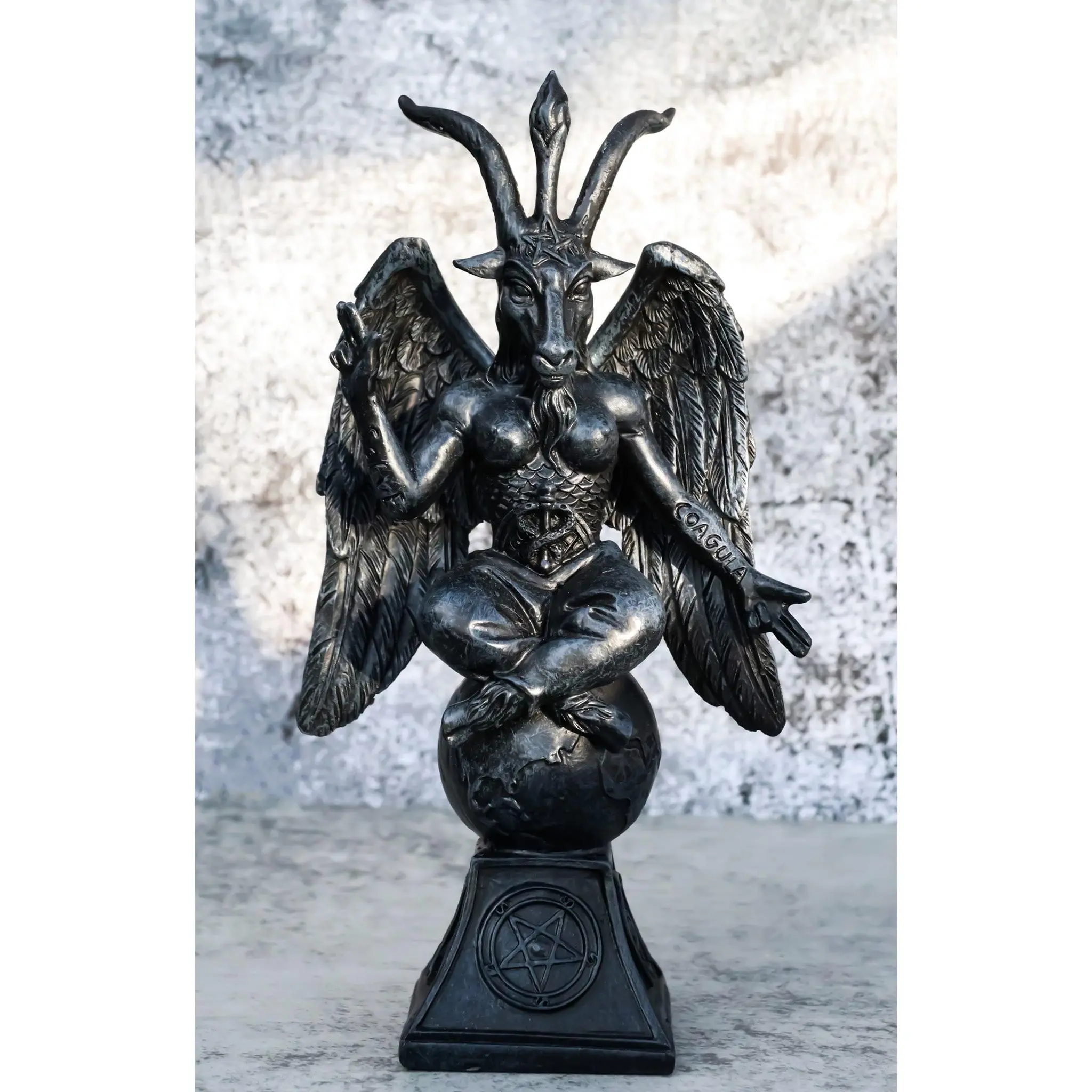Faux Stone Grey Sabbatic Goat Idol Baphomet Sigil Pentagram Figurine 6.5"H